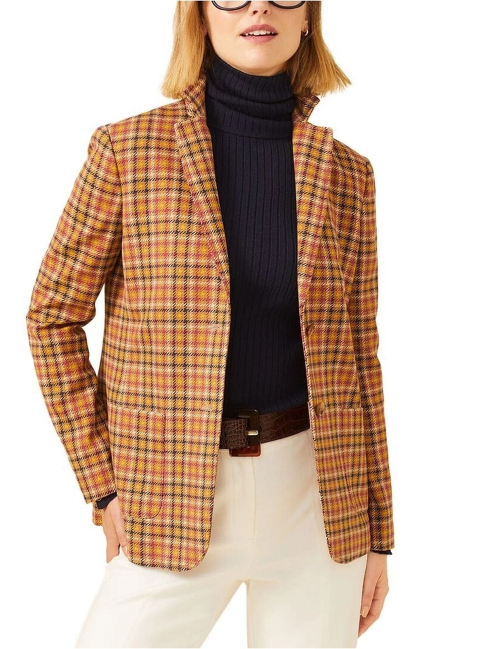 J. MCLAUGHLIN AUBREY TATTERSALL CHECK PLAID FITTED STRETCH BROWN  BLAZER JACKET